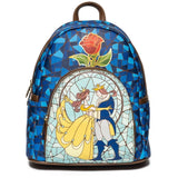 10" Disney : Beauty and the Beast - Stained Glass Faux Leather Mini Backpack Bag Loungefly Exclusive