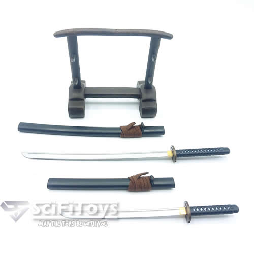 1:6 Custom Parts - Diecast Black Katana Samurai Swords Pair with Stand Set Wolfking
