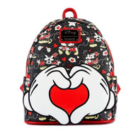 10" Disney : Mickey Mouse - Mickey and Minnie Heart Hands Faux Leather Mini Backpack Bag Loungefly