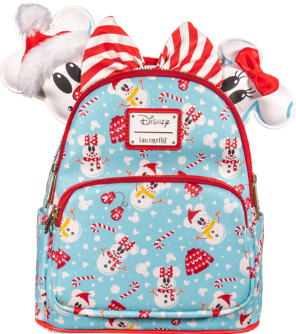 10" Disney Christmas : Mickey & Minnie Mouse Snowman AOP Faux Leather Mini Backpack Bag + Headband Set Loungefly